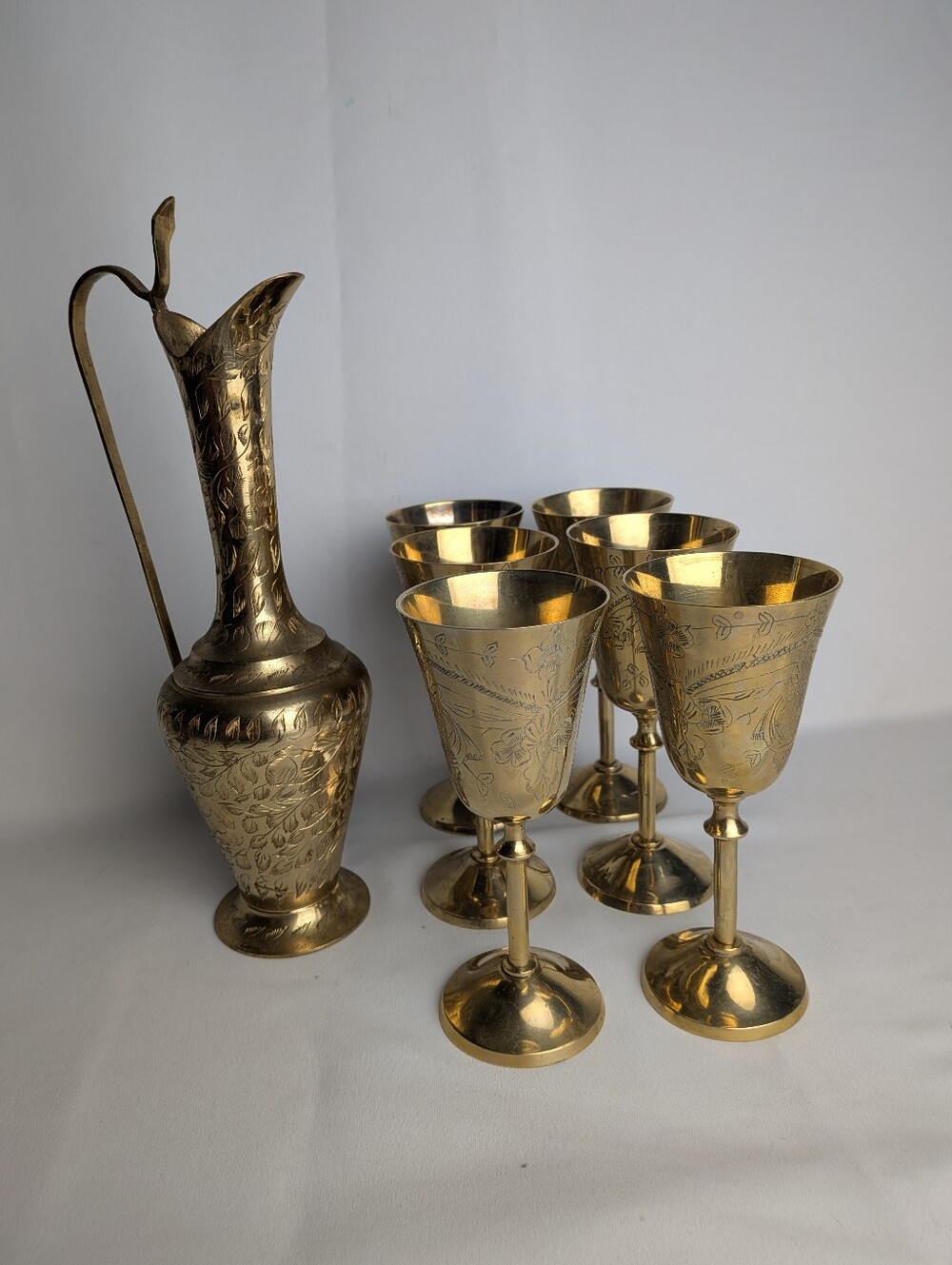VINTAGE Cobra Head Brass Pitcher + 6 Chalice Glass All Brass